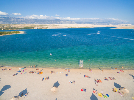 PAG, CROATIA - AUGUST 30, 2014: Aerial view of beach and clubs at popular Zrce beachのeditorial素材