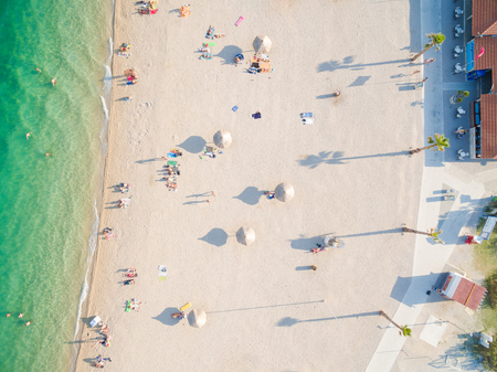 PAG, CROATIA - AUGUST 30, 2014: Aerial view of beach and clubs at popular Zrce beachのeditorial素材
