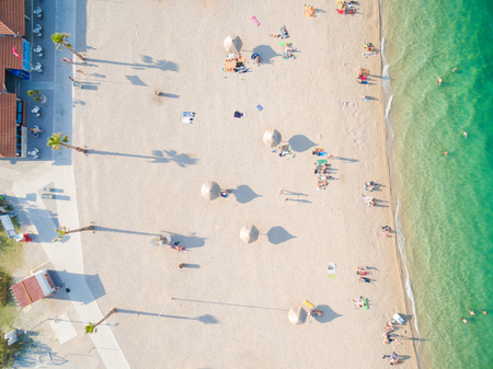 PAG, CROATIA - AUGUST 30, 2014: Aerial view of beach and clubs at popular Zrce beachのeditorial素材