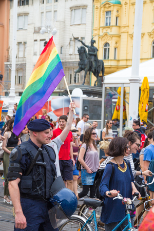 ZAGREB, CROATIA - JUNE 11, 2016: 15th Zagreb pride. LGBTIQ activists on Ban Josip Jelacic square.のeditorial素材