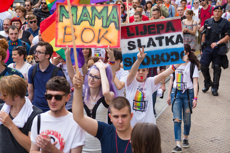 ZAGREB, CROATIA - JUNE 11, 2016: 15th Zagreb pride. LGBTIQ activists on Ban Josip Jelacic square.のeditorial素材