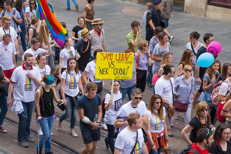 ZAGREB, CROATIA - JUNE 11, 2016: 15th Zagreb pride. LGBTIQ activists on Illica street heading to main square.のeditorial素材