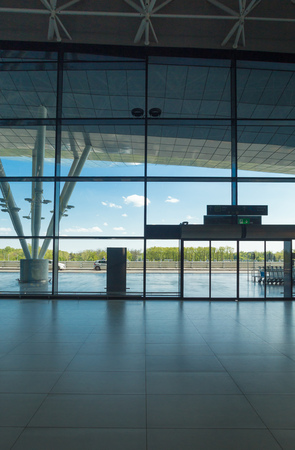 ZAGREB AIRPORT - 24 APRIL 2017: Silhouette of front entrance to airport.のeditorial素材