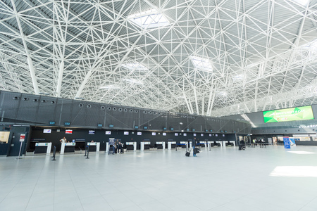 ZAGREB AIRPORT - 24 APRIL 2017: Check-in at departure terminal.のeditorial素材