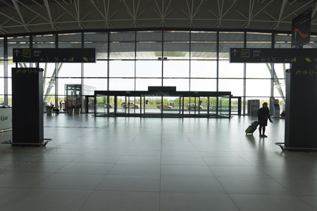 ZAGREB AIRPORT - 24 APRIL 2017: Silhouette of front entrance to airport.のeditorial素材