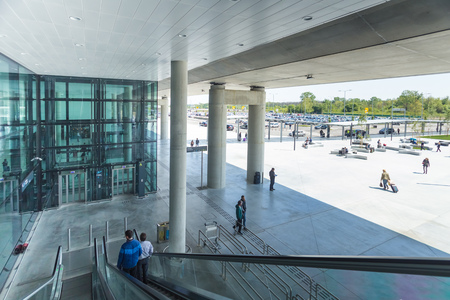 ZAGREB AIRPORT - 24 APRIL 2017: Passengers on escalators at Franjo Tudjman airportのeditorial素材