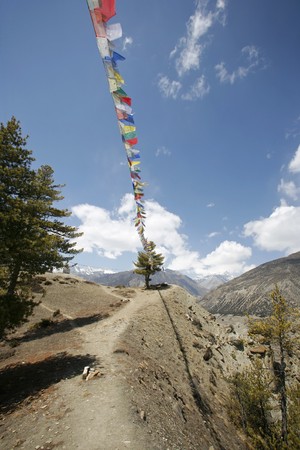 Tibetan praying flags floating in himalayan skiesのeditorial素材