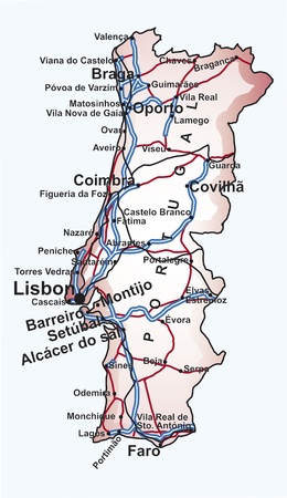 Road map of Portugal with the main cities and towns, highways and railway lines in editable vector fileのイラスト素材