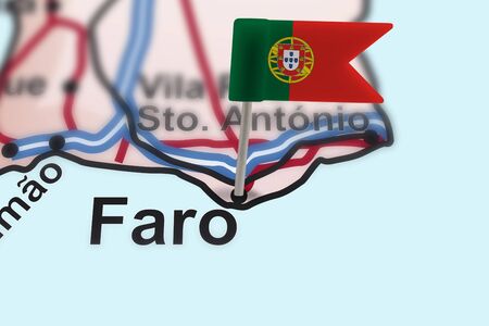 pin with flag of Portugal in Faro with selective focusの写真素材