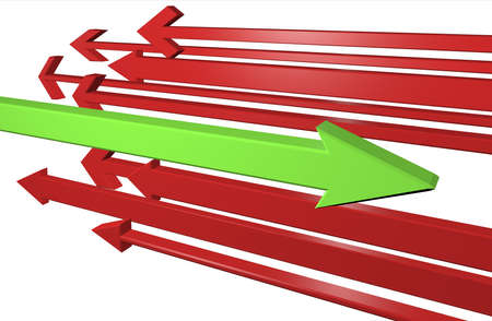 Red and green arrows 3D illustration, conceptual representation right directionの写真素材