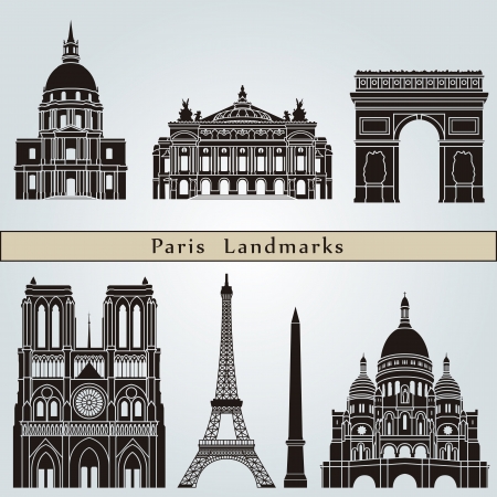 Paris landmarks and monuments isolated on blue background のイラスト素材