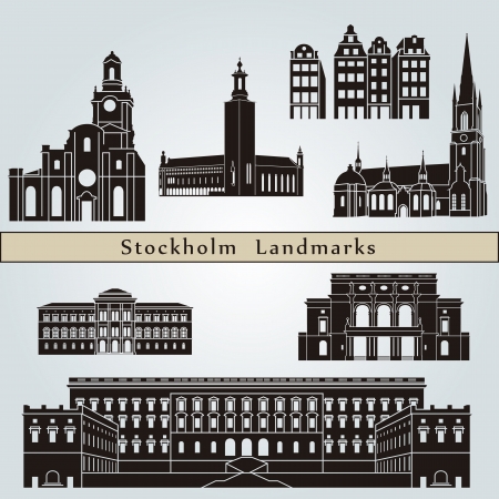 Stockholm landmarks and monuments isolated on blue background のイラスト素材