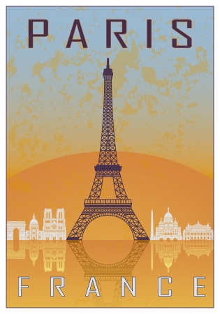 Paris vintage poster in orange and blue textured background with skyline in whiteのイラスト素材
