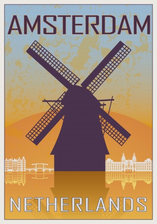 Amsterdam vintage poster in orange and blue textured background with skyline in whiteのイラスト素材