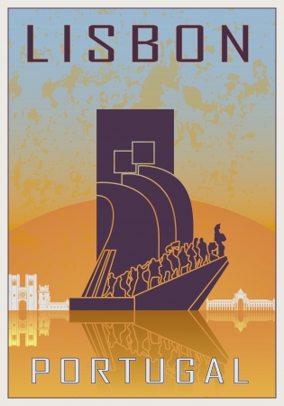 Lisbon vintage poster in orange and blue textured background with skyline in whiteのイラスト素材