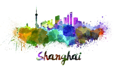 Shanghai skyline in watercolor splatters with clipping pathの写真素材