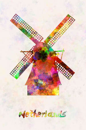 Netherlands Landmark Mill in watercolor splatters with clipping pathの写真素材