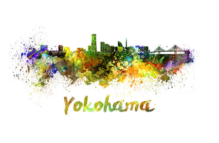 Yokohama skyline in watercolor splatters with clipping pathの写真素材