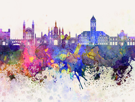 Cambridge skyline in watercolor backgroundの写真素材