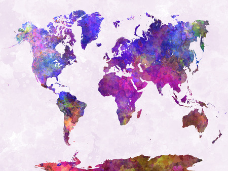 World map in watercolor painting abstract splattersの写真素材