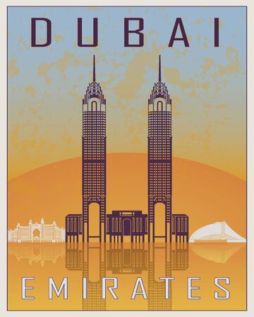 Dubai vintage poster in orange and blue background with white skyiline in editable vector fileのイラスト素材