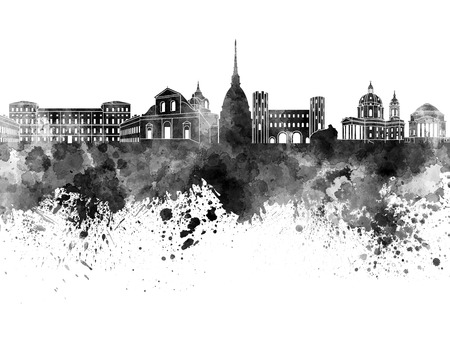 Turin skyline in black watercolor on white backgroundの写真素材