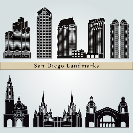 San Diego landmarks and monuments isolated on blue background in editable vector fileのイラスト素材