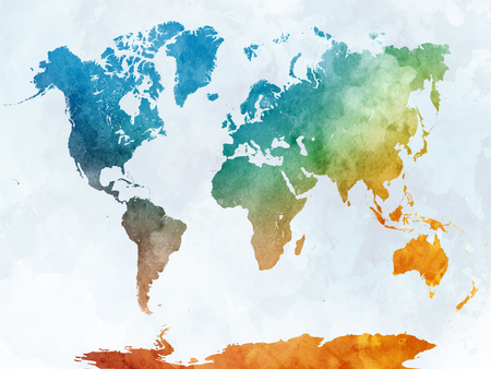 World map in watercolor painting abstract splattersの写真素材