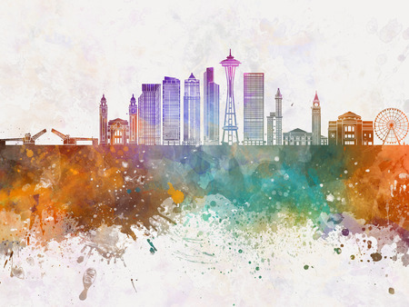 Seattle skyline in watercolor backgroundの写真素材