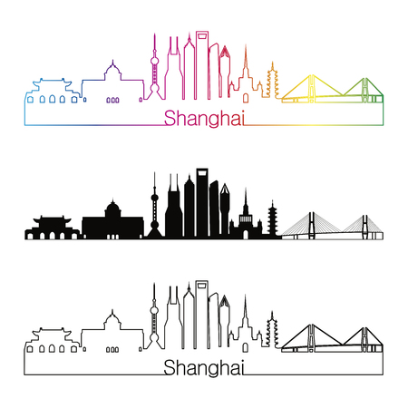 Shanghai V2 skyline linear style with rainbow in editable vector fileのイラスト素材