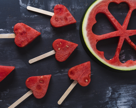 Cute heart pieces of fresh watermelonの写真素材