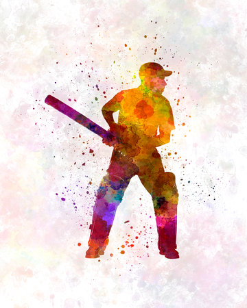 Cricket player silhouette in watercolorの写真素材