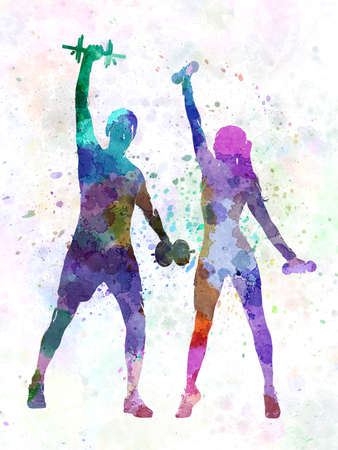 woman exercising fitness workout with man coach in silhouetteの写真素材