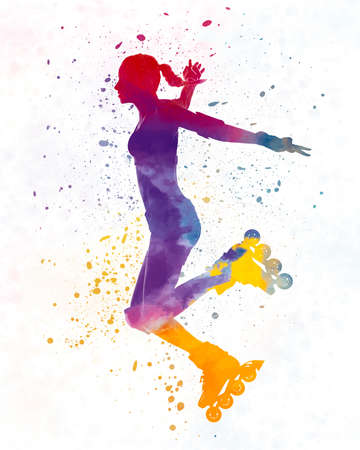 Woman in roller skates 03 in watercolorの写真素材