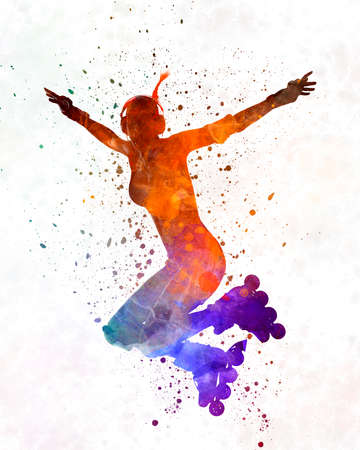 Woman in roller skates 07 in watercolorの写真素材