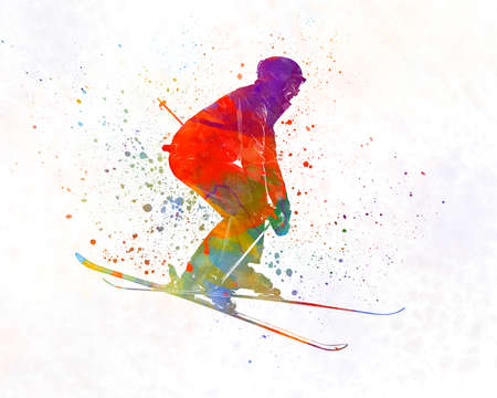 Woman skier skiing jumping 02 in watercolorの写真素材