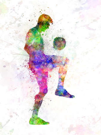 one man playing soccer football player silhouette in studio isolated on white backgroundの写真素材
