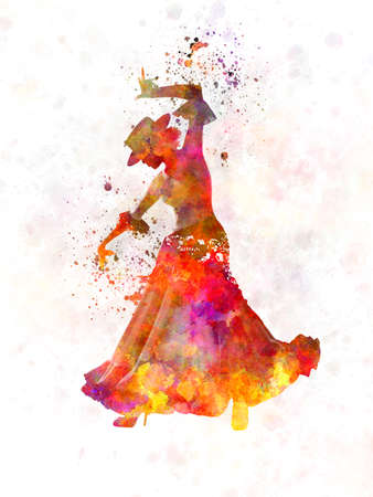 Gypsy woman dancing flamenco dancer silhouette in watercolorの写真素材