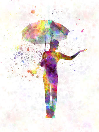 happy woman holding umbrella silhouette in watercolorの写真素材