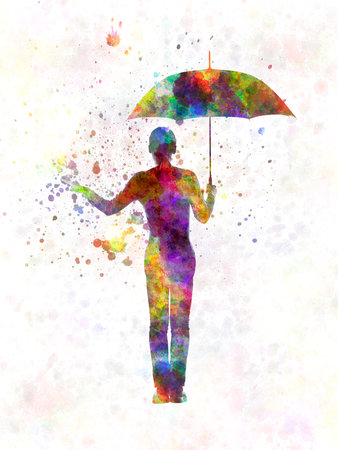 happy woman holding umbrella silhouette in watercolorの写真素材