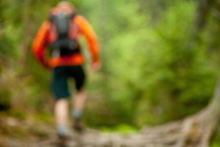 Young man in orange jacket walking hiking outdoors with backpack in green european forest  unfocused...