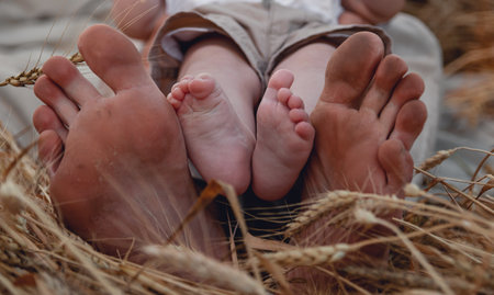 Bare feet of a child and father sitting on wheat. Small children's feet, men's feet. Beautiful young family.の写真素材