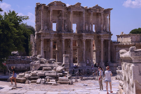 Antique Celsus Library in Ephesus, Turkey. Bottom view. Antique objects and structures in Ephesus, Selcukの写真素材