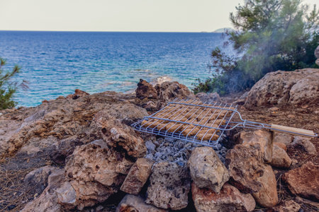 Barbecue kebab with sea view. Food on vacationの写真素材