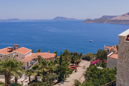 View of the rooftops of Kas and the Mediterranean Seaの写真素材