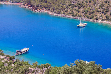 Yachts on the sea in lagoon bay in Turkey. Aerial viewの写真素材