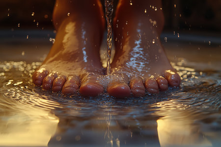 Warm light highlights water cascading over bare feet, forming gentle ripples in a serene basin setting.の素材