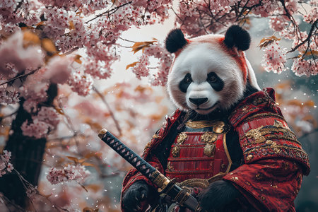 A panda clad in ornate samurai armor stands proudly beneath blooming cherry blossoms in spring.の素材