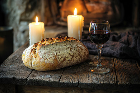 Soft candlelight reveals a rustic wooden table featuring a loaf of bread and a chalice of wine, creating warmth.の素材