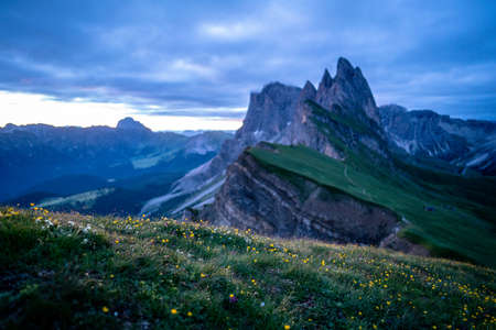 The famous mountain peaks of seceda, sunrise during summer months.の写真素材